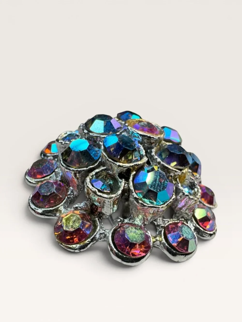 1960s Aurora Borealis Rhinestone Cluster Brooch Round Silver Tone Vintage